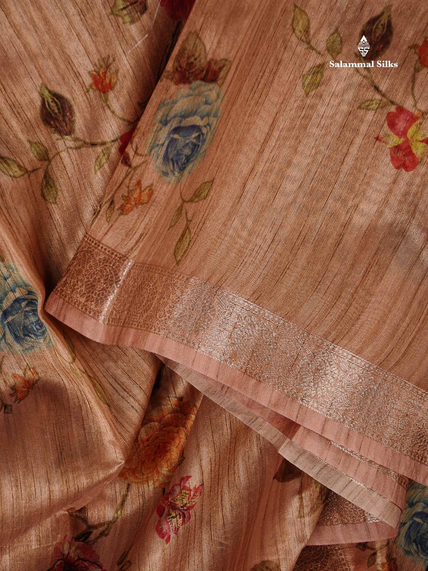 Semi Tussar Saree -  Dark Sandal Floral Design With Gap Border