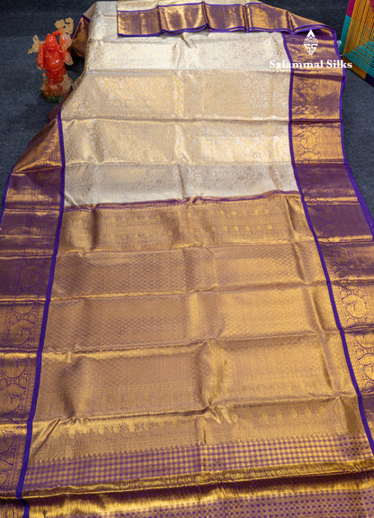 Beautiful Half White Tissue Bridal Pure Kanjivaram Silk Saree With Contrast Violet Traditional Border