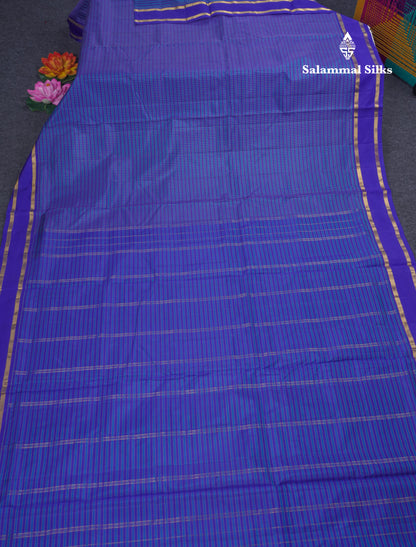 10 Yards Pure Silk Saree Blue & Violet Tiny Checks With Traditional Gap Border