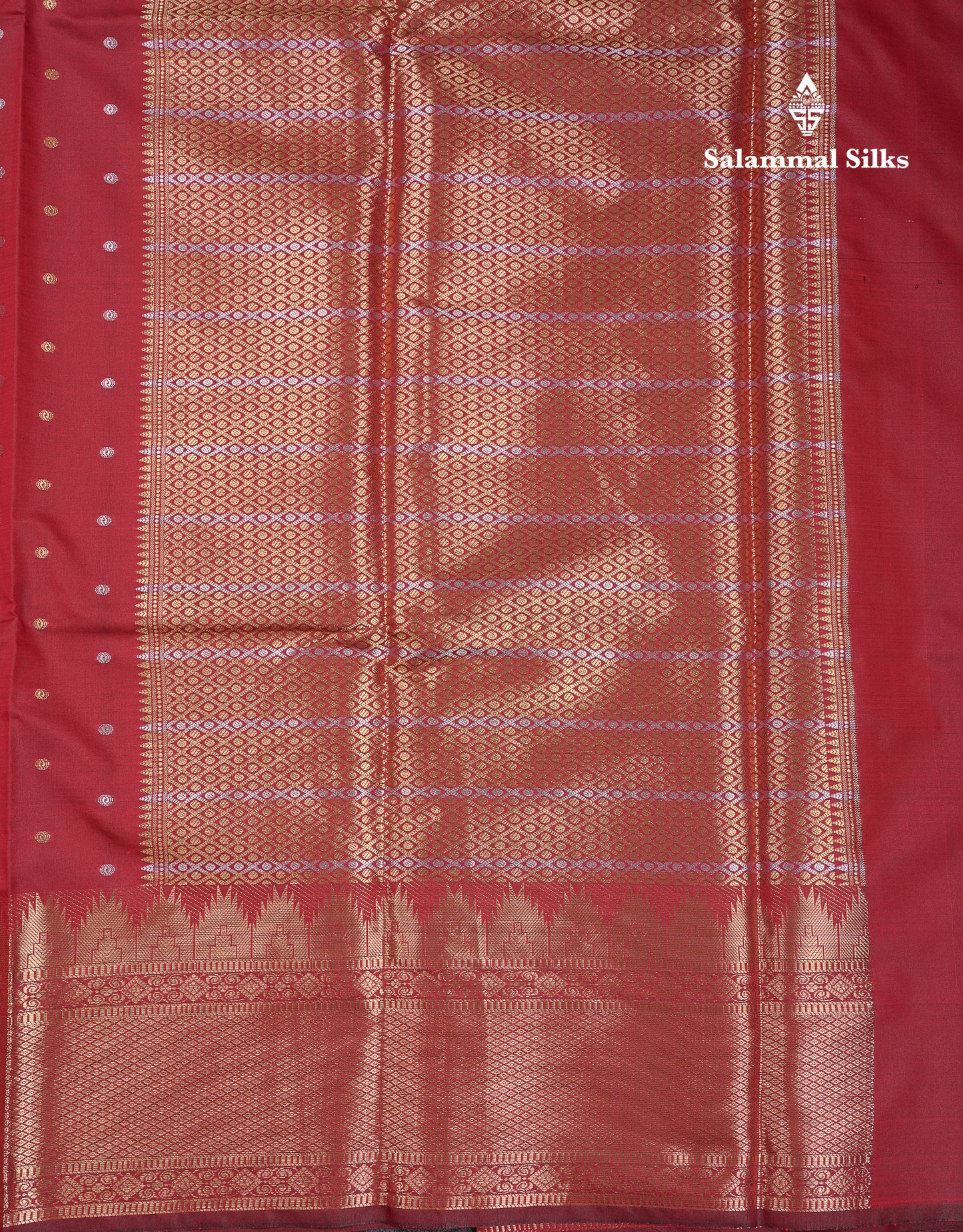 Beautiful Dark Magenta Silver & Gold Buttas Mixed Cotton Fancy Saree With Traditional Evening Morning Temple Border