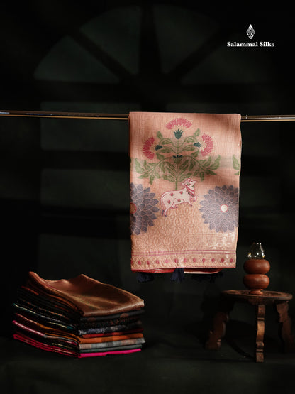 Beautiful Dark Peach Muga Cotton Saree With Contrast Pink Blouse