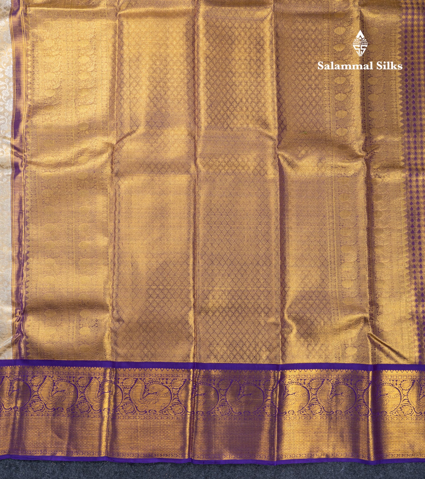 Beautiful Half White Tissue Bridal Pure Kanjivaram Silk Saree With Contrast Violet Traditional Border