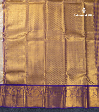 Beautiful Half White Tissue Bridal Pure Kanjivaram Silk Saree With Contrast Violet Traditional Border