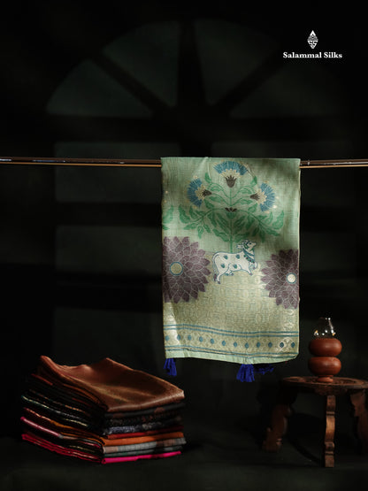 Beautiful Sapphire Green Menakari Work Butta Muga Cotton Saree With Contrast Navy Blue Blouse