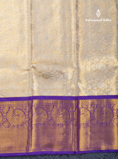Beautiful Half White Tissue Bridal Pure Kanjivaram Silk Saree With Contrast Violet Traditional Border