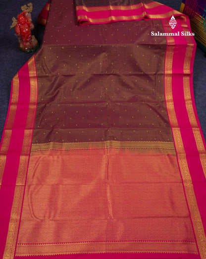 Beautiful Dark Brown Small Checks With Butta Semi Silk Saree With Contrast Pink Rettapet Traditional Border