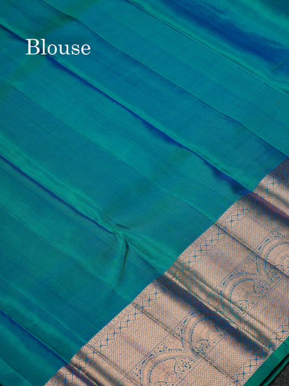 Beautiful Dual Tone Peacock Green Menakri Work Pure Kanjivaram Silk Saree With Traditional Evening Morning Border