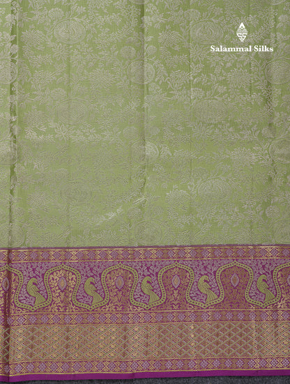 Beautiful Light Elaichi Green Bridal Pure Kanjivaram Silk Saree With Contrast Dark Purple Menakari Work Fancy Border