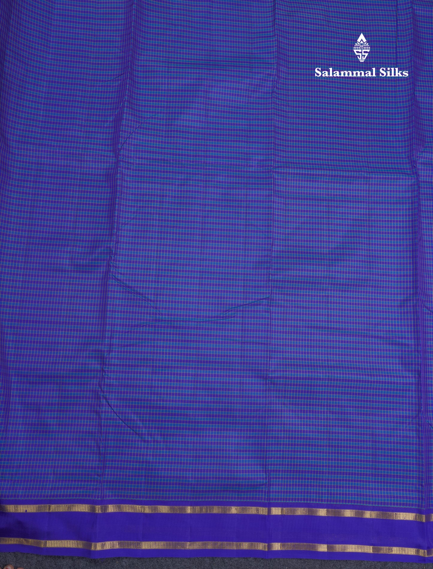 10 Yards Pure Silk Saree Blue & Violet Tiny Checks With Traditional Gap Border