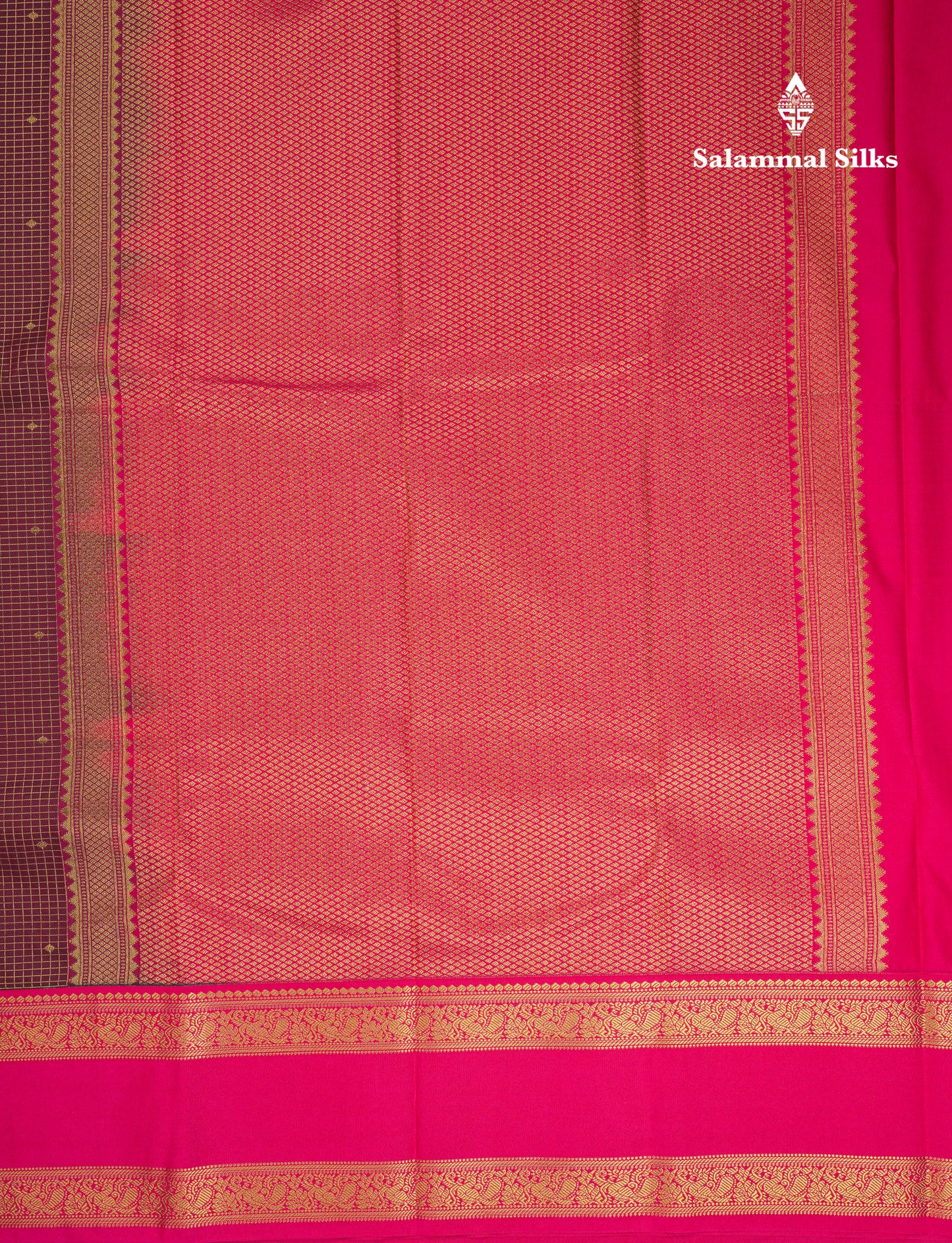Beautiful Dark Brown Small Checks With Butta Semi Silk Saree With Contrast Pink Rettapet Traditional Border