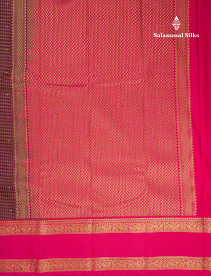 Beautiful Dark Brown Small Checks With Butta Semi Silk Saree With Contrast Pink Rettapet Traditional Border