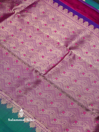 Beautiful Dual Tone Peacock Green Pure Kanjivaram Silk Saree With Contrast Magenta Traditional Border