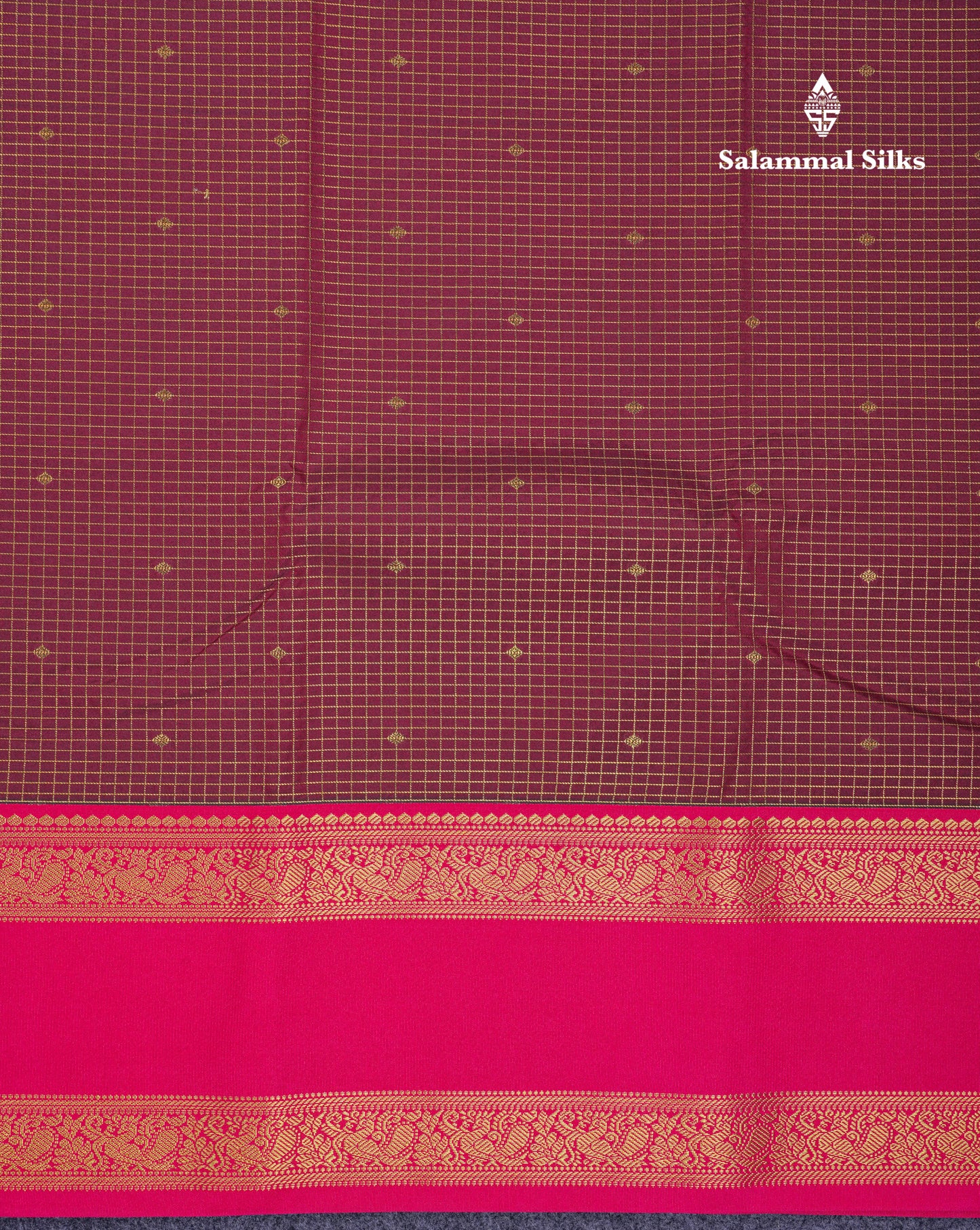 Beautiful Dark Brown Small Checks With Butta Semi Silk Saree With Contrast Pink Rettapet Traditional Border