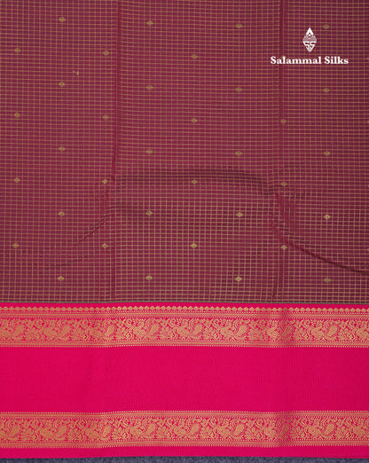 Beautiful Dark Brown Small Checks With Butta Semi Silk Saree With Contrast Pink Rettapet Traditional Border