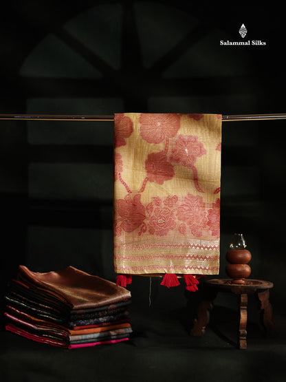 Beautiful Light Yellow Muga Cotton Saree With Contrast Light Red Blouse