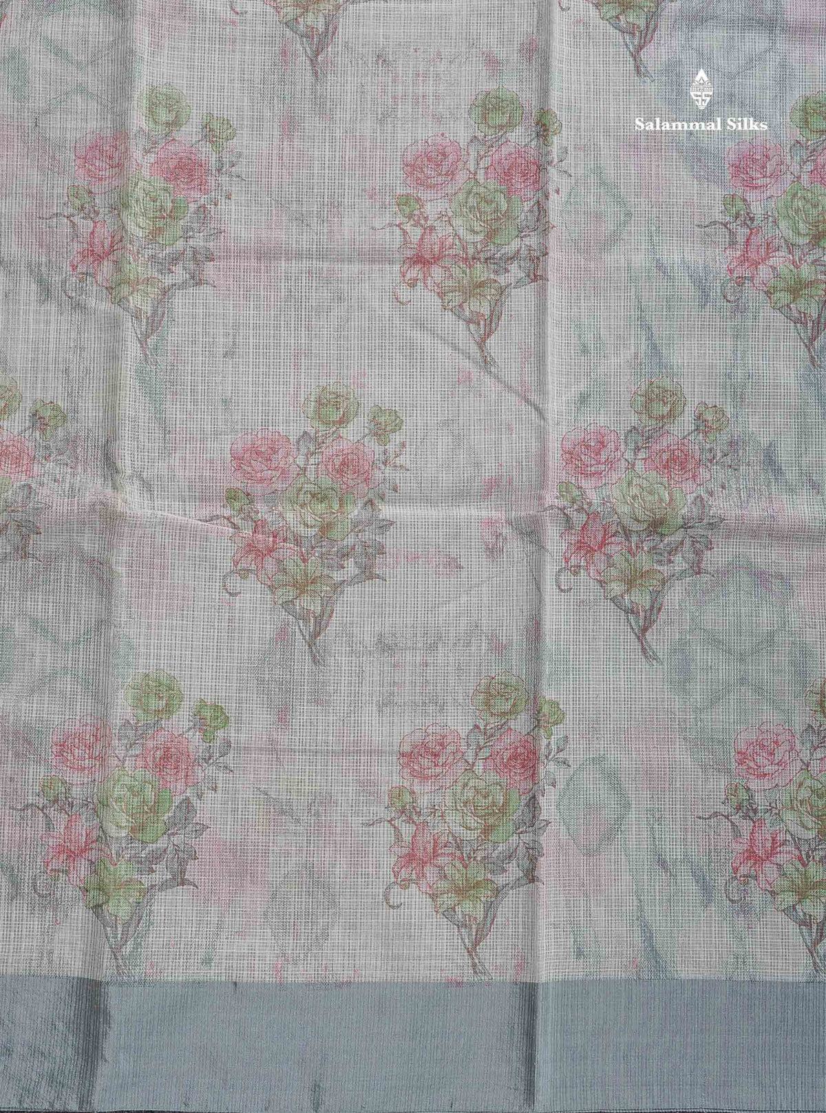 Kota Cotton Saree - Half White Colour Body With Floral Design & Grey Fancy Border