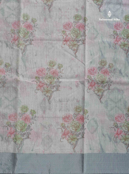 Kota Cotton Saree - Half White Colour Body With Floral Design & Grey Fancy Border
