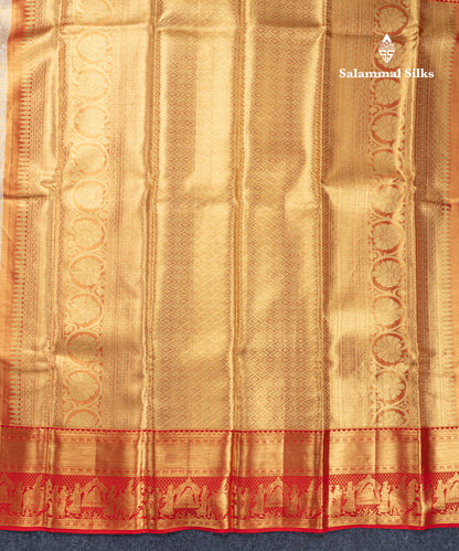 Beautiful Beige Tissue Bridal Pure Kanjivaram Silk Saree With Contrast Chilly Red Traditional Pallaku Border