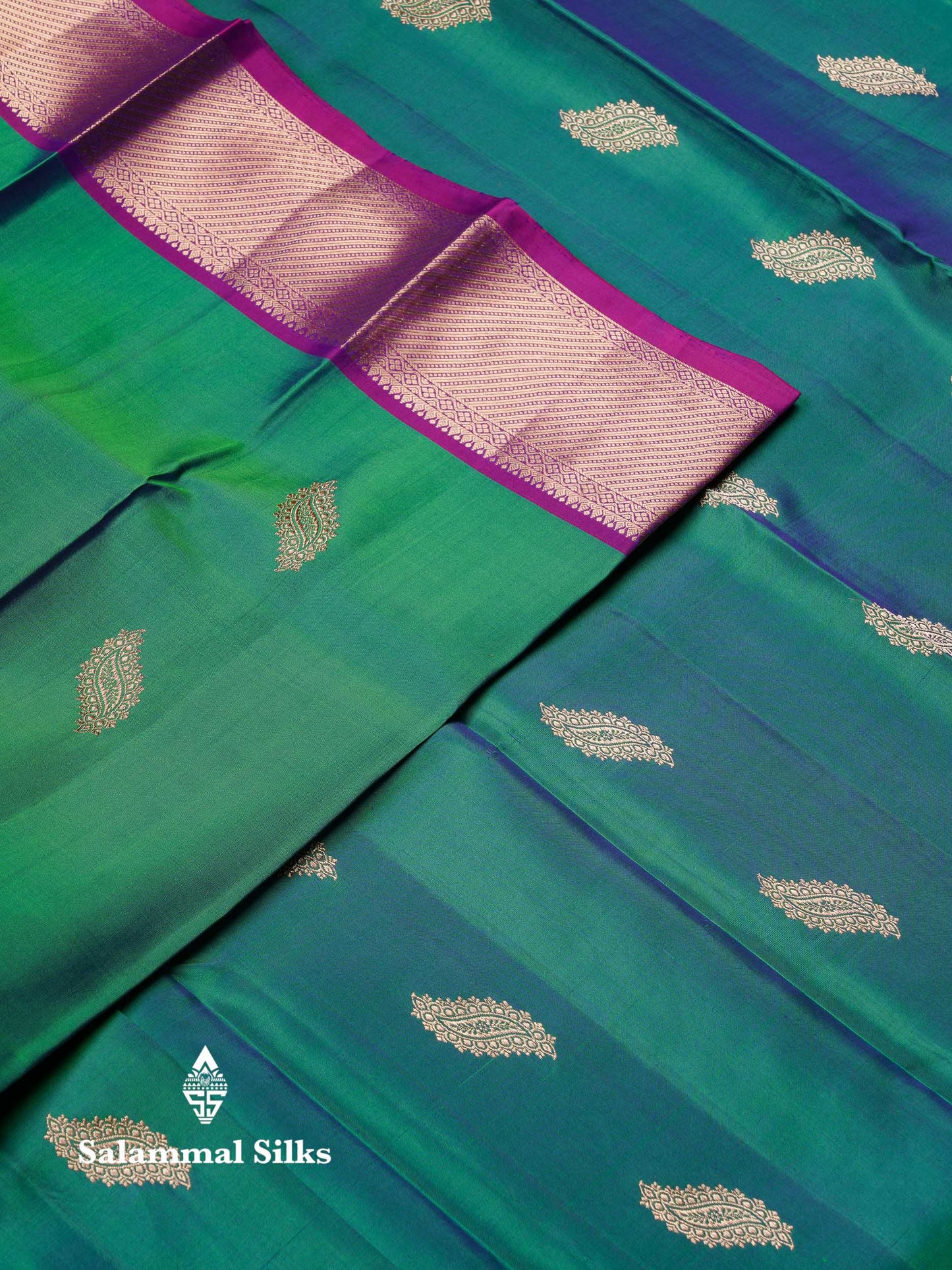 Beautiful Dual Tone Peacock Green Pure Kanjivaram Silk Saree With Contrast Magenta Traditional Border