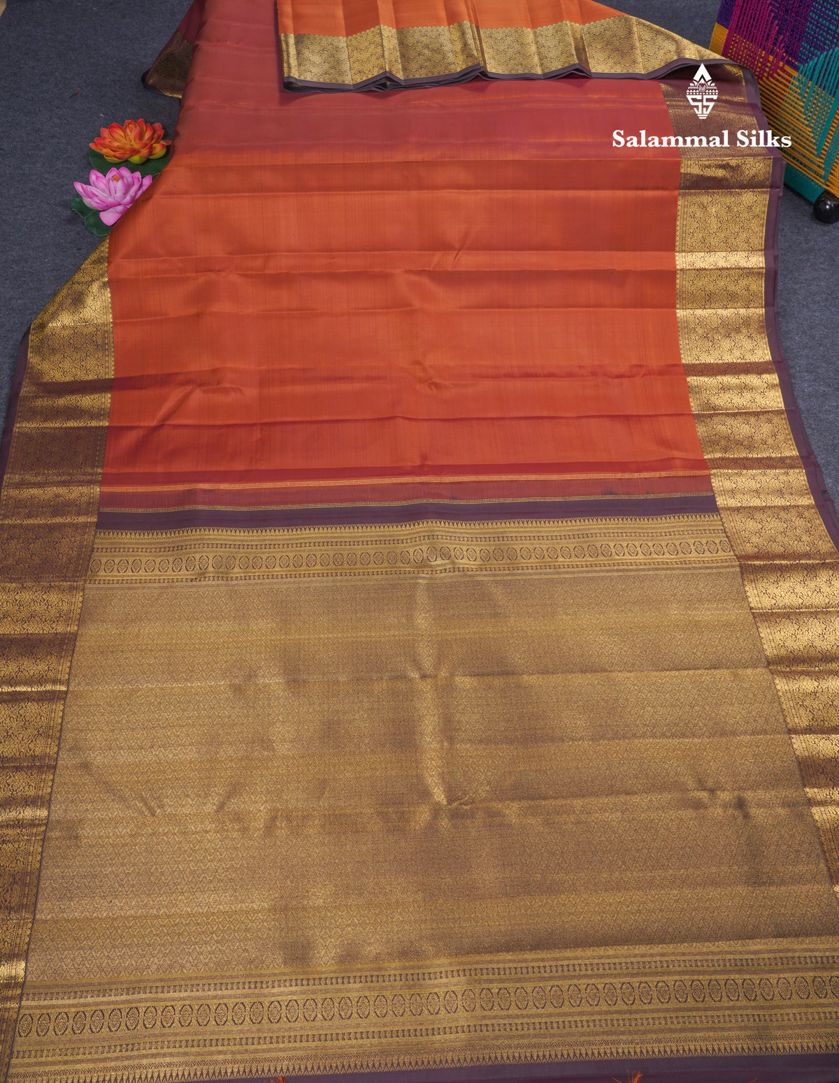 Beautiful Plain Rust Orange Kanjivaram Pure Silk Saree With Contrast Brown Border