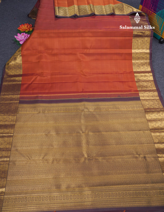 Plain Rust Orange Kanjivaram Pure Silk Silk Fast Premium Zari Saree With Contrast Brown Border