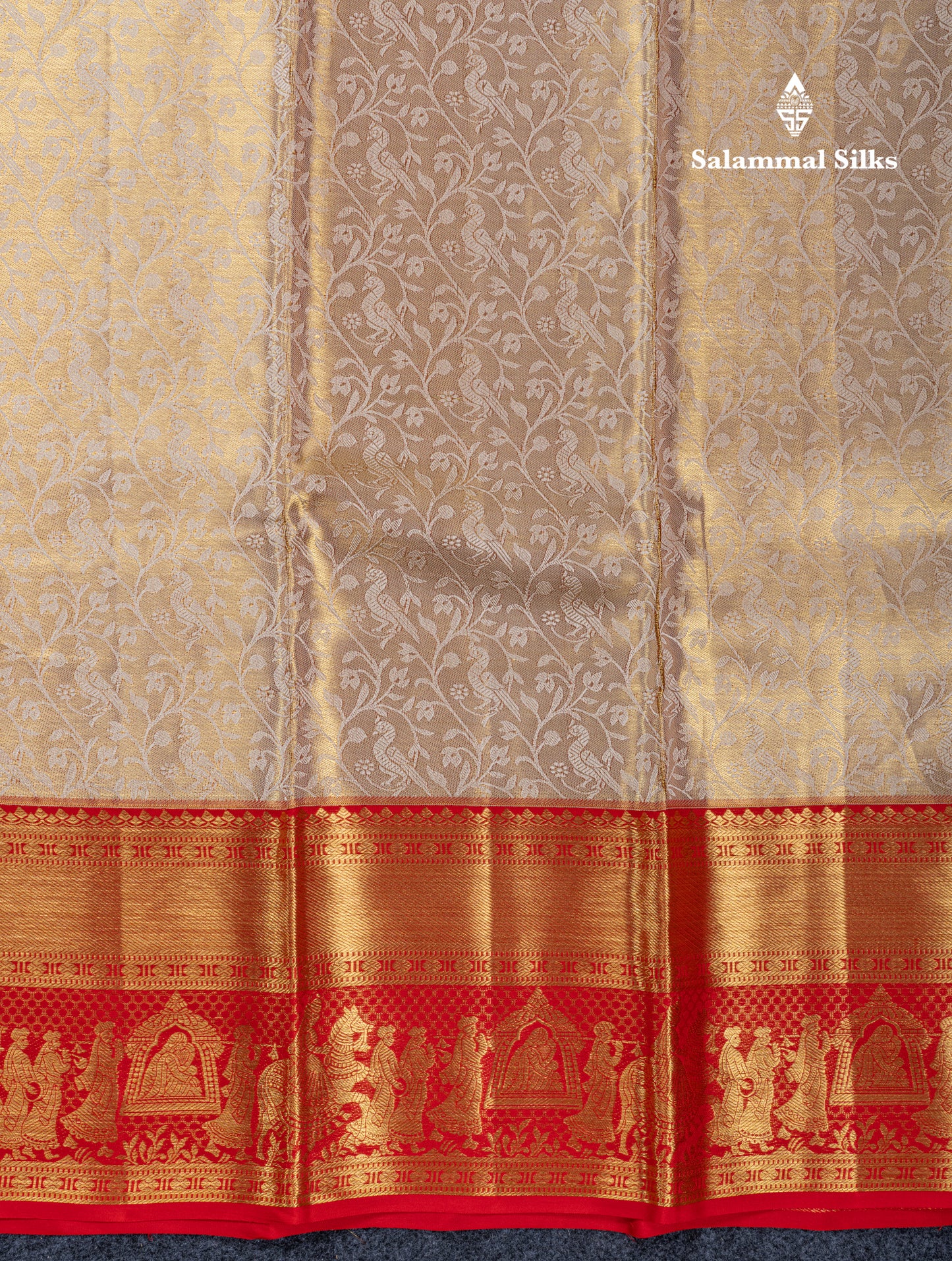 Beautiful Beige Tissue Bridal Pure Kanjivaram Silk Saree With Contrast Chilly Red Traditional Pallaku Border
