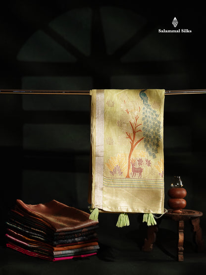 Beautiful Light Green Menakari Work Muga Cotton Saree With Small Ribbon Border