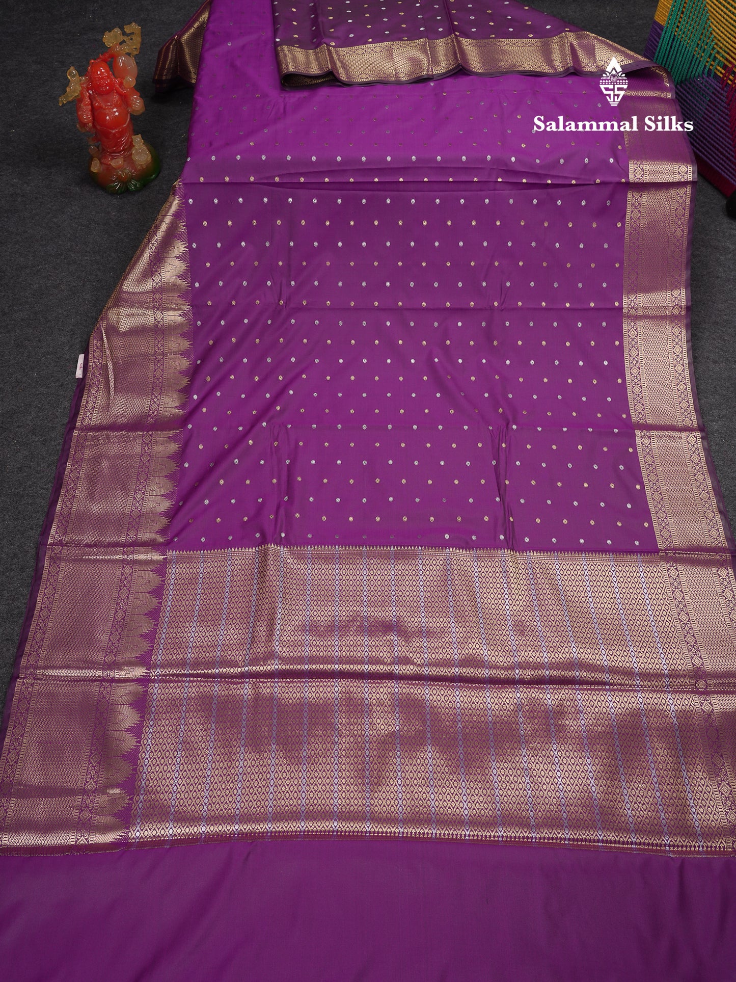 Beautiful Dark Magenta Silver & Gold Buttas Mixed Cotton Fancy Saree With Traditional Evening Morning Temple Border