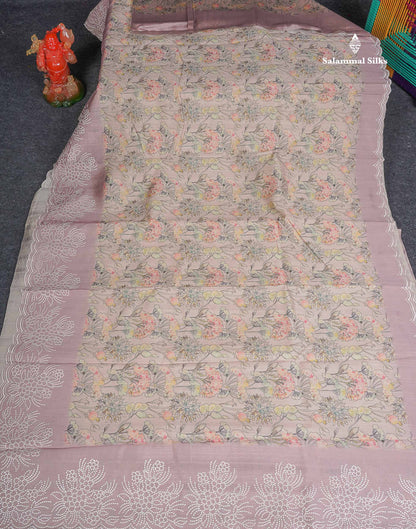 Semi Tussar Saree - Light Peach Colour Body With Contrast Onion Pink Thread Work Fancy Border