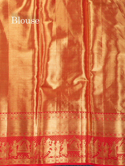Beautiful Beige Tissue Bridal Pure Kanjivaram Silk Saree With Contrast Chilly Red Traditional Pallaku Border