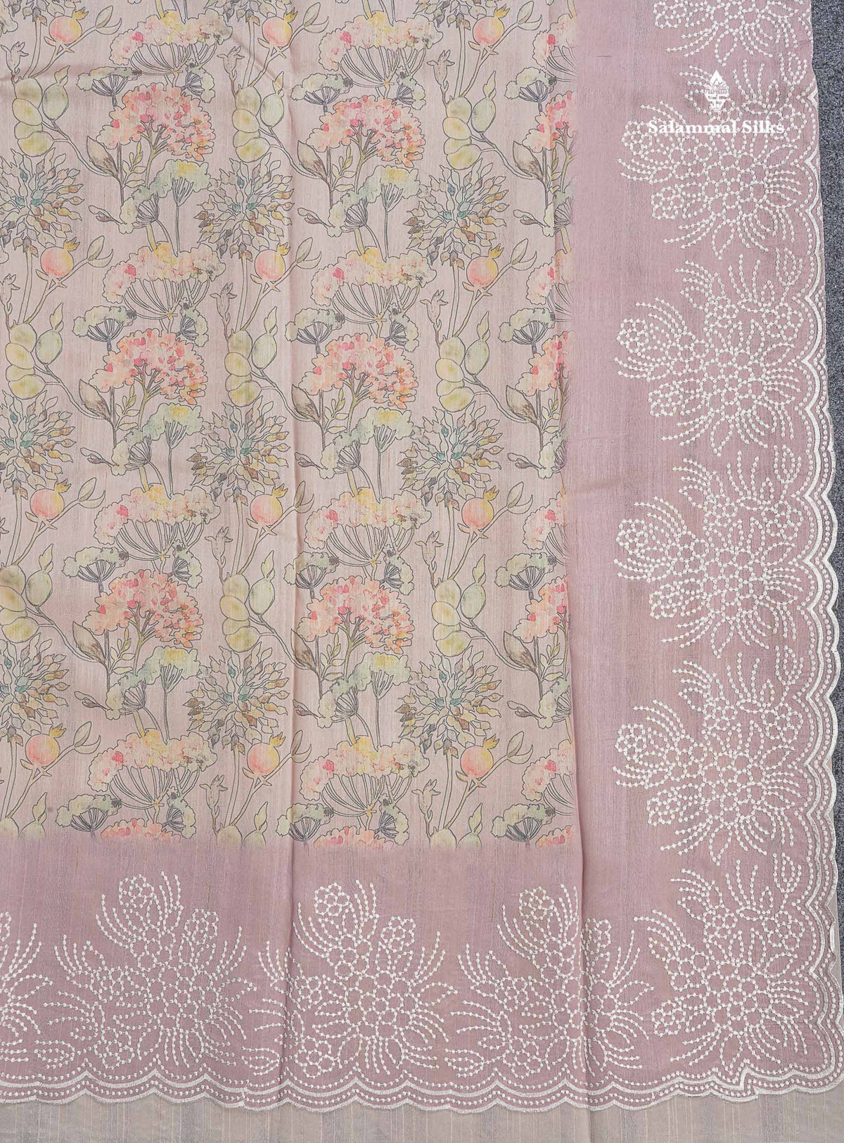 Semi Tussar Saree - Light Peach Colour Body With Contrast Onion Pink Thread Work Fancy Border