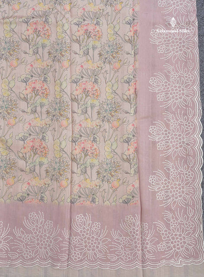 Semi Tussar Saree - Light Peach Colour Body With Contrast Onion Pink Thread Work Fancy Border
