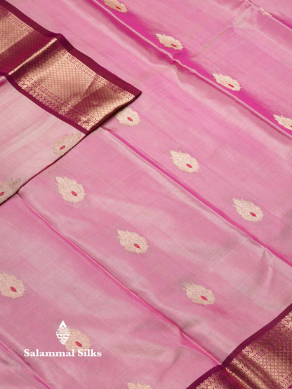 Beautiful Light Pink Menakari Work Pure Kanjivaram Silk Saree With Contrast Magenta Traditional Evening Morning Border