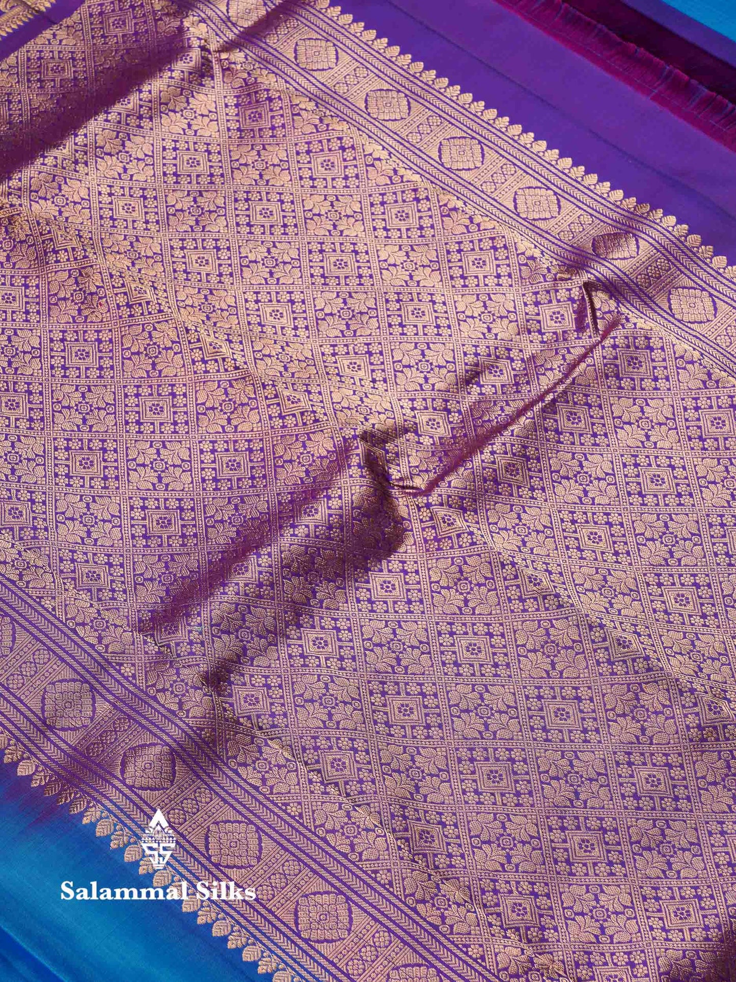 Beautiful Dual Tone Blue Pure Kanjivaram Silk Saree With Contrast Dark Purple Traditional Border