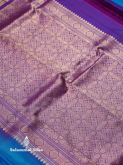 Beautiful Dual Tone Blue Pure Kanjivaram Silk Saree With Contrast Dark Purple Traditional Border