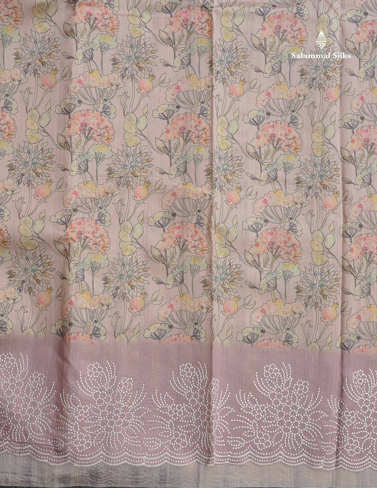 Semi Tussar Saree - Light Peach Colour Body With Contrast Onion Pink Thread Work Fancy Border