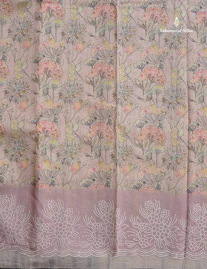 Semi Tussar Saree - Light Peach Colour Body With Contrast Onion Pink Thread Work Fancy Border