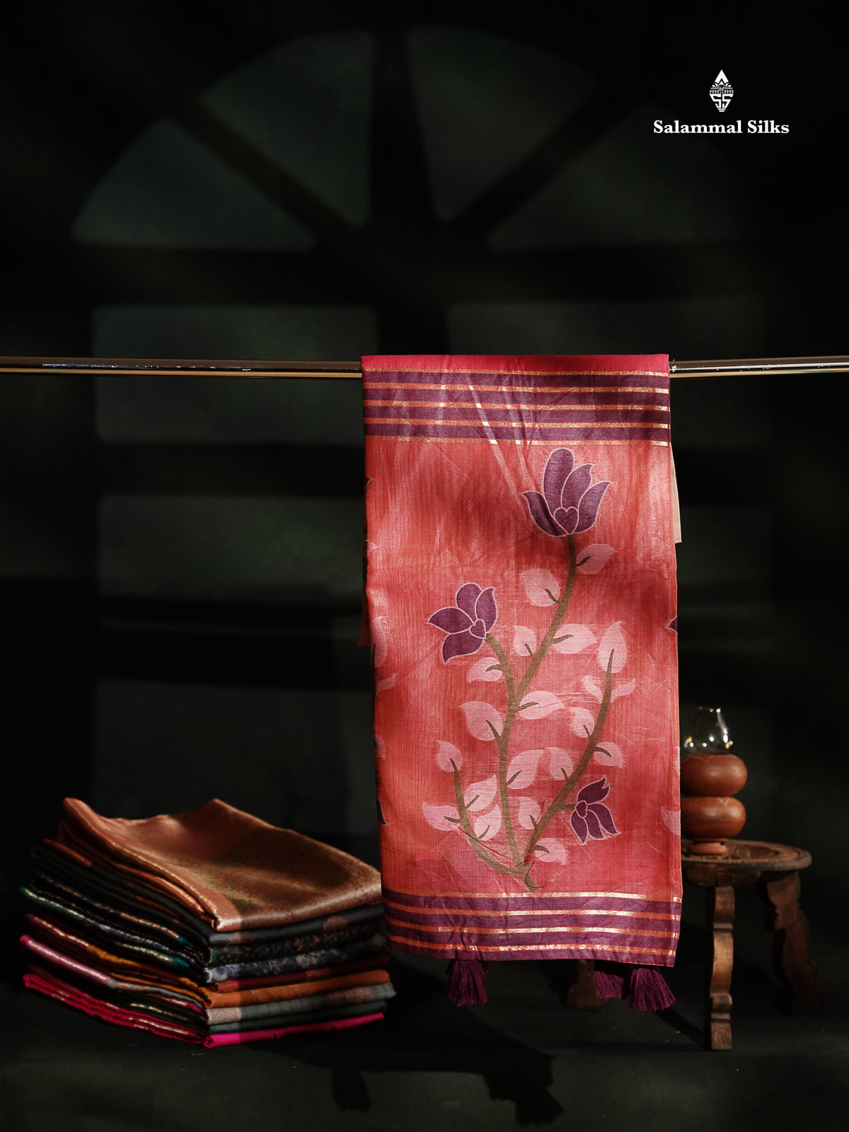 Beautiful Peach Menakari Work Thread Butta Muga Cotton Saree With Contrast Bottle Green Blouse