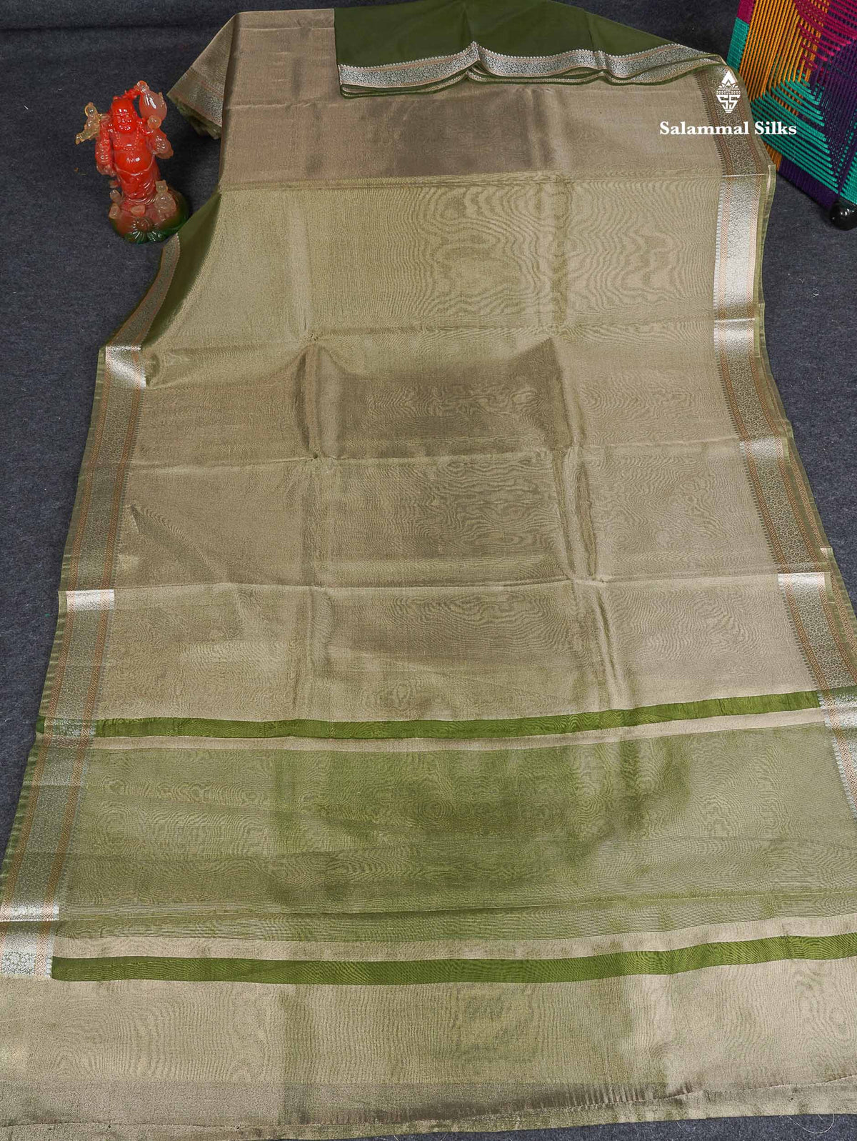 Tissue Saree - Olive Green Colour Plain Body With Fancy Border