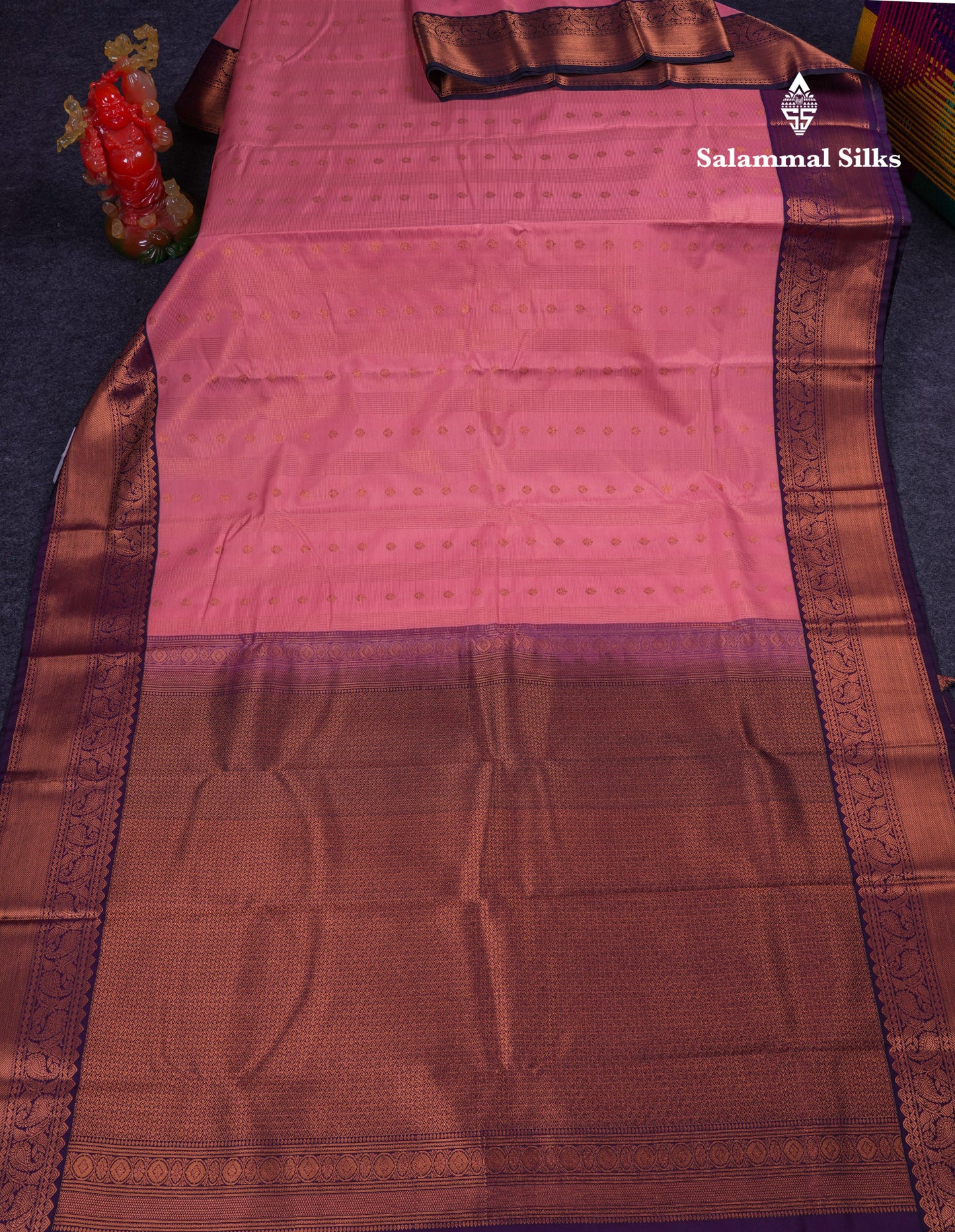 Beautiful Dark Peach Semi Silk Saree With Contrast Dark Purple Traditional Border