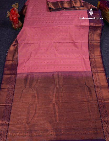 Beautiful Dark Peach Semi Silk Saree With Contrast Dark Purple Traditional Border