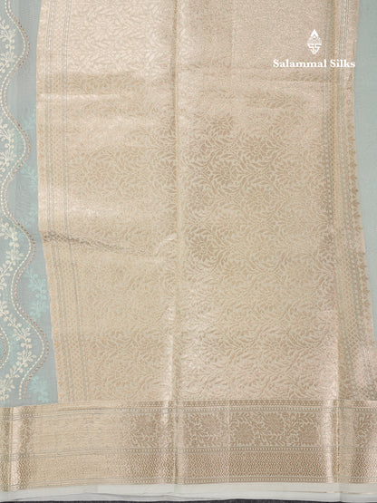Beautiful Light Rexona Wave Pattern Thread Work Semi Organza Fancy Saree With Traditional Border