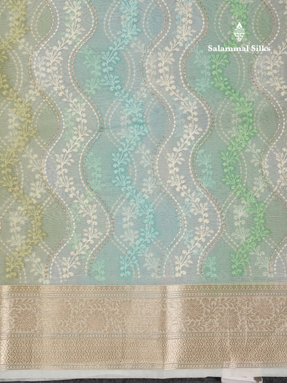 Beautiful Light Rexona Wave Pattern Thread Work Semi Organza Fancy Saree With Traditional Border