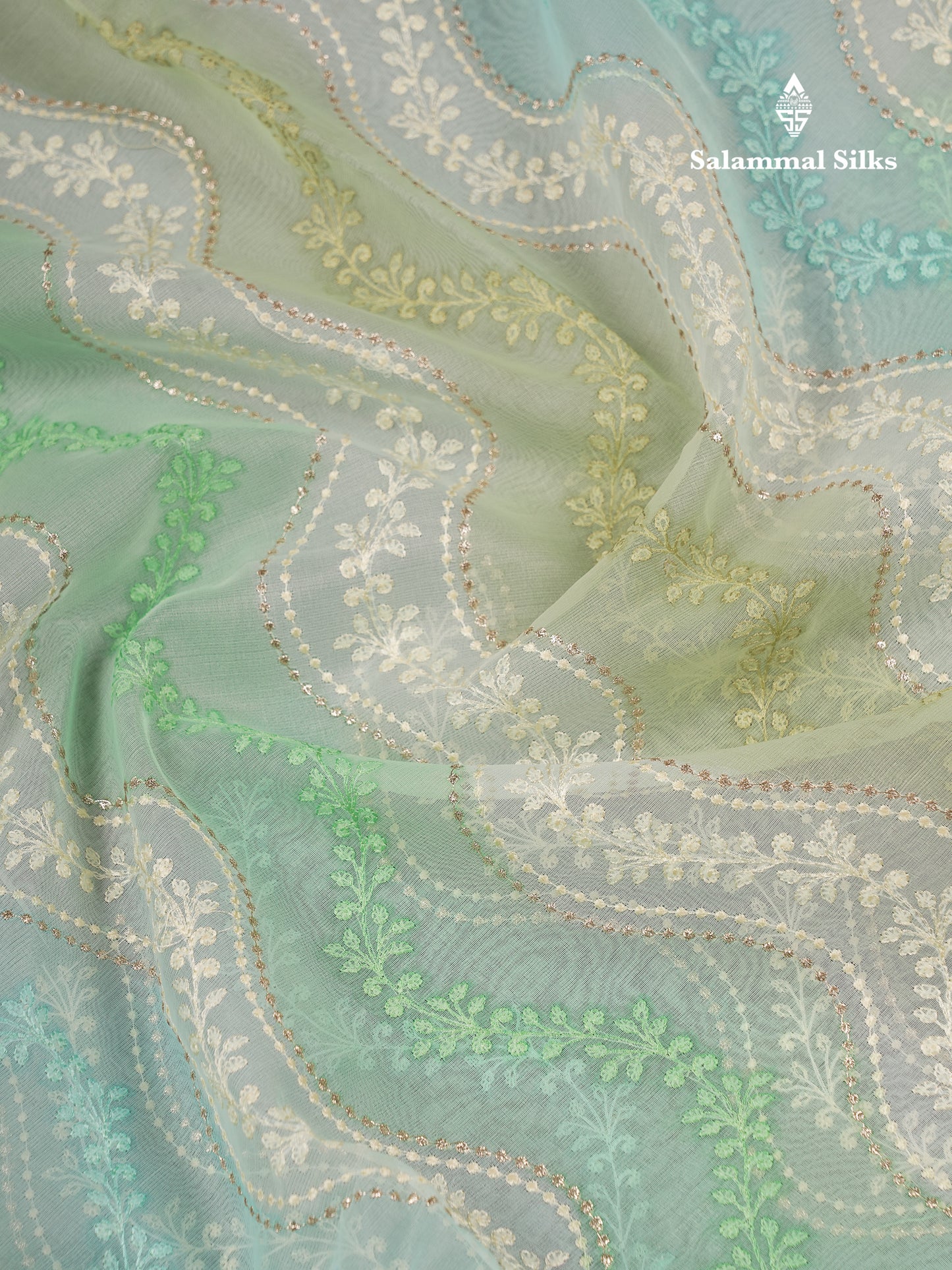 Beautiful Light Rexona Wave Pattern Thread Work Semi Organza Fancy Saree With Traditional Border