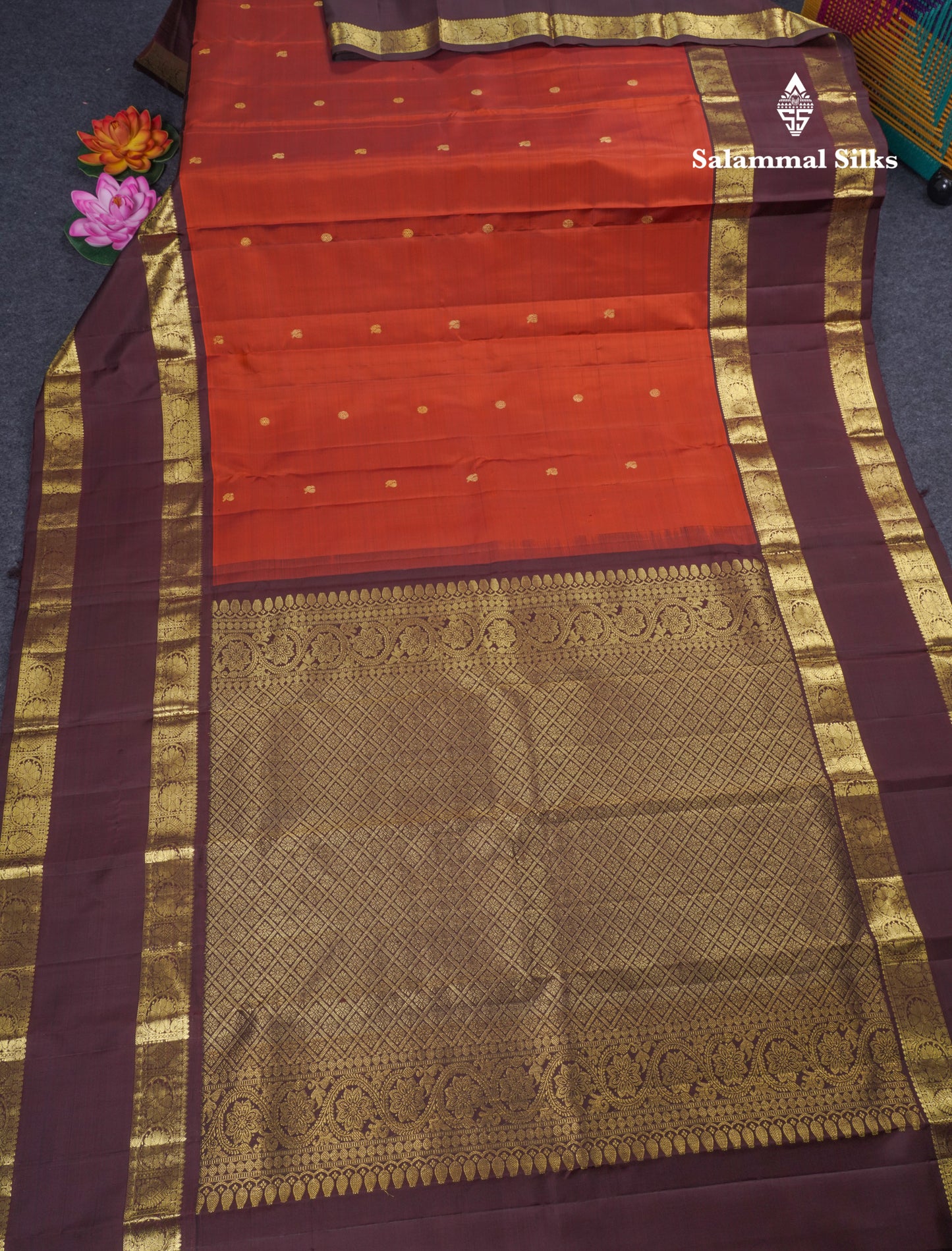 Rust Orange Kanjivaram Pure Silk Saree With Contrast Brown Traditional Gap Border