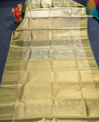 Light Elaichi Green Tissue Bridal Pure Kanjivaram Silk Saree With Contrast Light Green Traditional Evening Morning Border