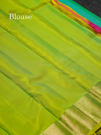 Beautiful Dual Tone Sapphire Green Menakari Work Pure Kanjivaram Silk Saree With Contrast Dual Tone Parrot Green Traditional Border