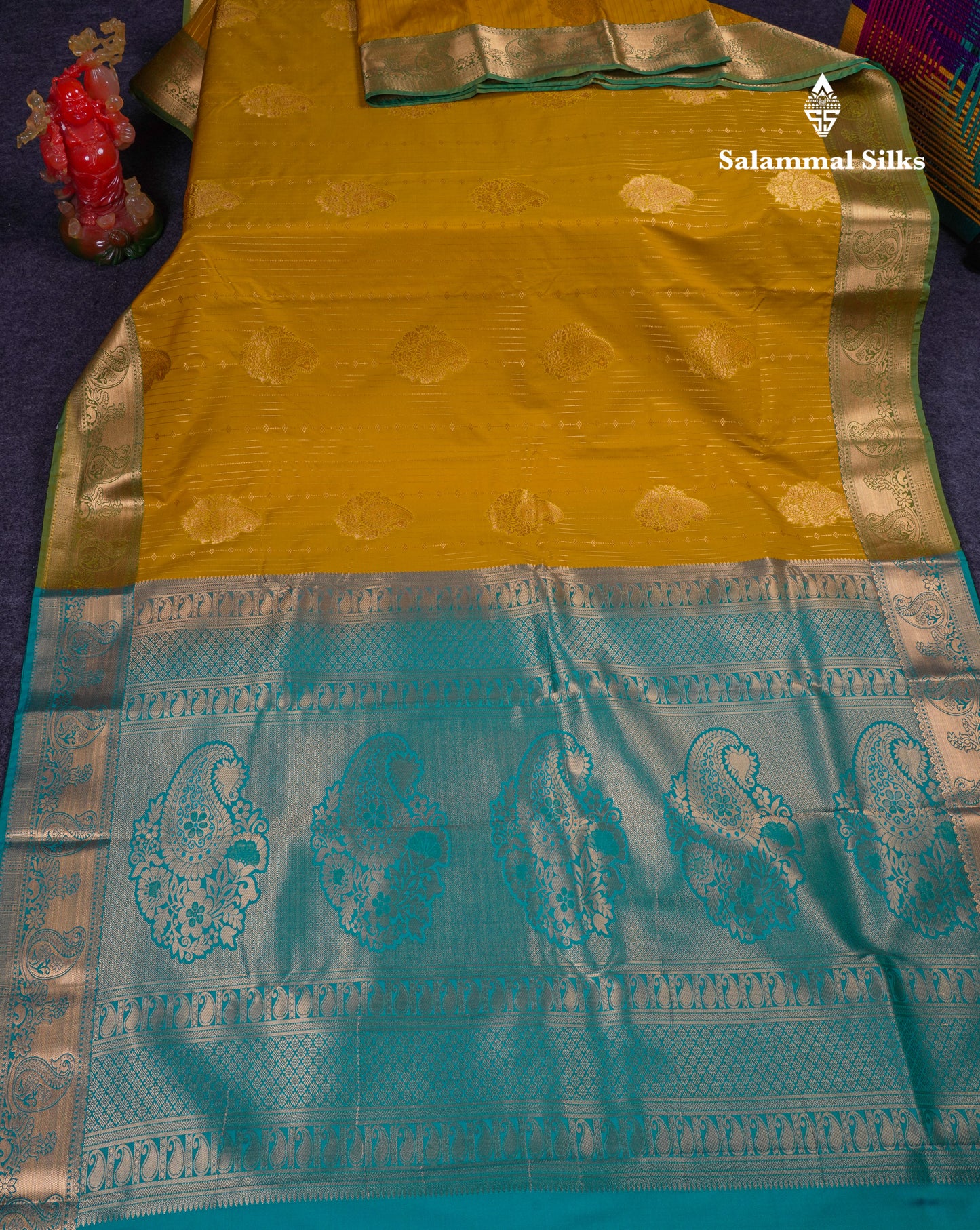 Beautiful Yellow Semi Silk Saree With Contrast Sapphire Green Blouse