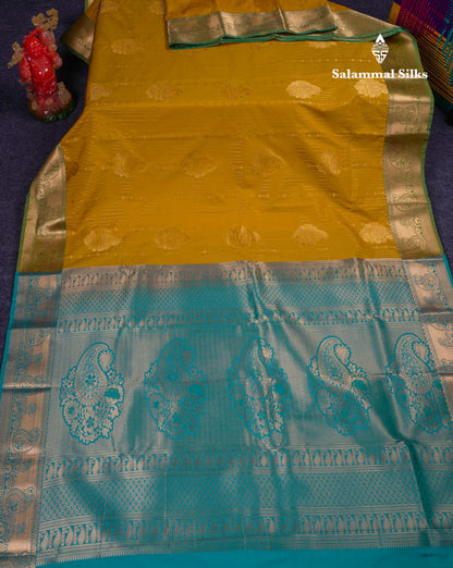 Beautiful Yellow Semi Silk Saree With Contrast Sapphire Green Blouse