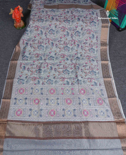 Cotton Mix Saree - Light Grey Colour Body With Fancy Border